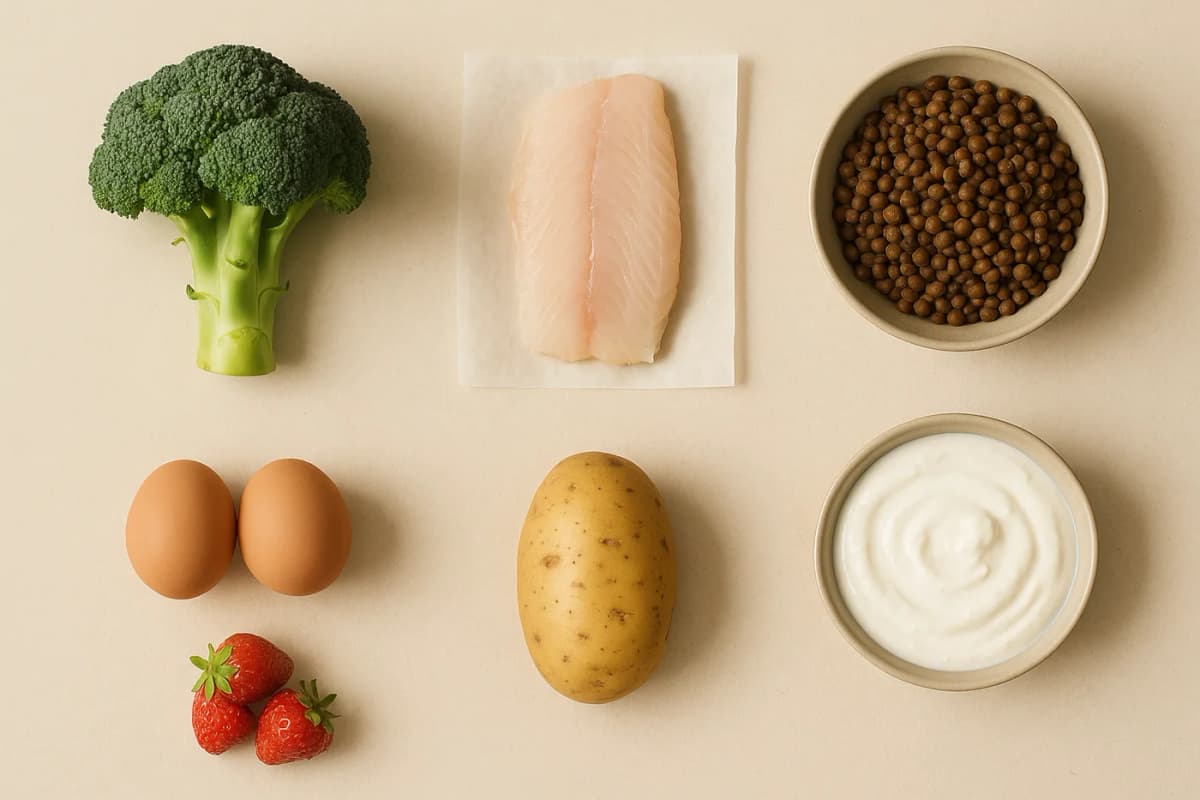 A loose grid of foods laid out on warm paper seen from above: a head of broccoli, a fillet of white fish, a bowl of lentils, a pot of thick yogurt, two eggs, a potato and a handful of strawberries.