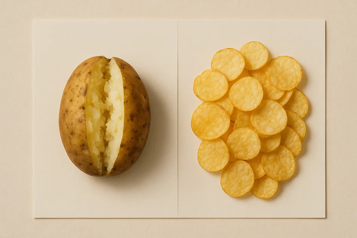 The same vegetable twice, on warm paper seen from above: a whole baked potato split open on one side, a scattered pile of thin potato chips on the other.